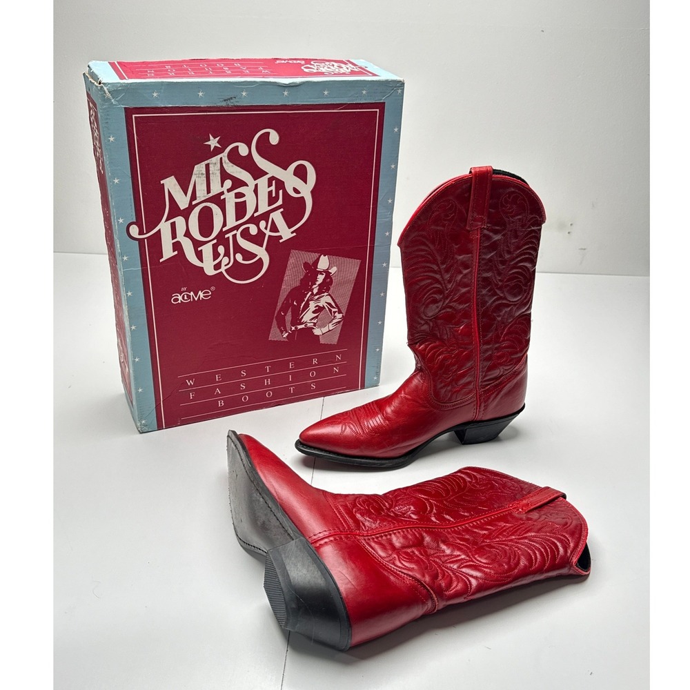 Vintage Acme Miss Rodeo USA Red Leather Cowboy Boots 8.5 M Orig Box 1980s 1990s
